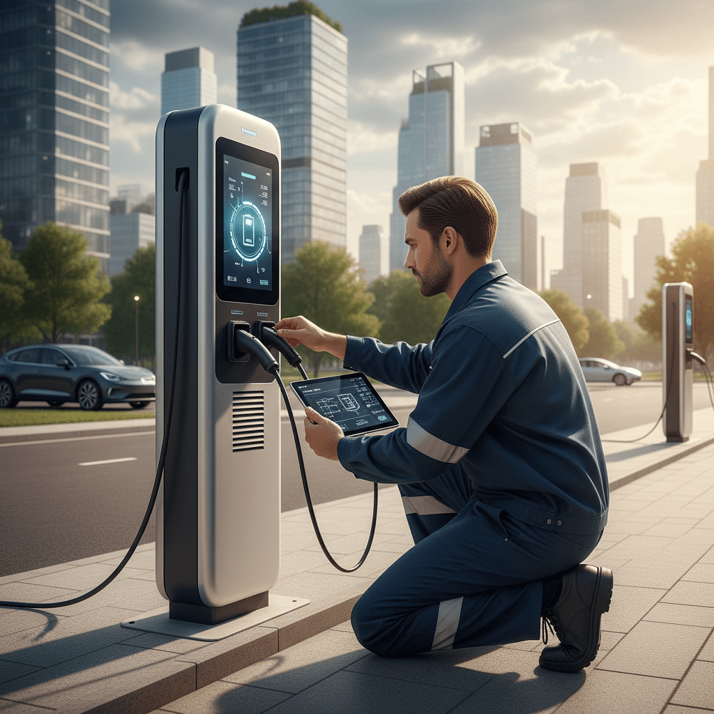 Techniker bei einer EV-Ladestationswartung